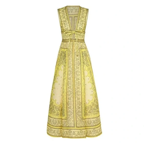 G0 NWOT ZIMMERMANN Yellow Bandana Linen & Silk Matchmaker Bow Long Dress Size 3 - Picture 2 of 7